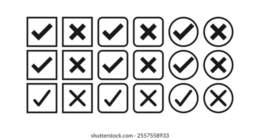 Check mark and cross icon black and white. Checkbox icon with true and false buttons or yes or no check mark icon. Isolated black and white check cross mark, right and wrong sign concept.