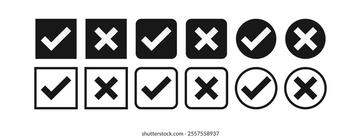 Check mark and cross icon black and white. Checkbox icon with true and false buttons or yes or no check mark icon. Isolated black and white check cross mark, right and wrong sign concept.