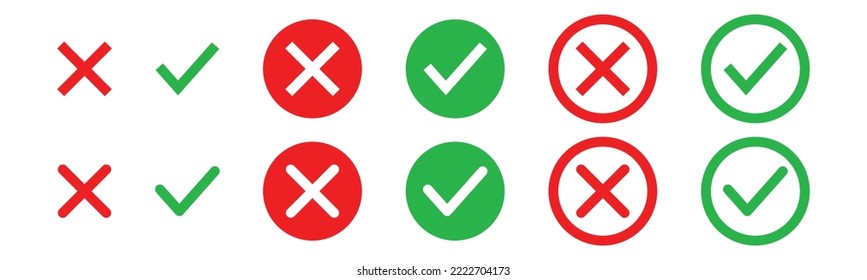 Check mark and cross mark icon button set. Red and green checklist or voting sign. Tick and X icon vector. Checkmark and approval symbol illustration