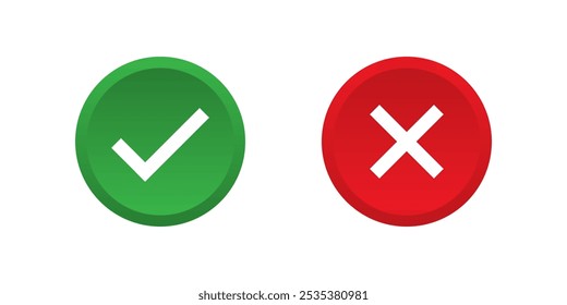 Marca de verificación y conjunto de Botones de icono de marca cruzada. Círculo redondo Lista de verificación roja y verde o signo de votación. Vector de icono de marca y X. Sencillo ok yes no Diseño gráfico, checkmark correcto aceptado y rechazado
