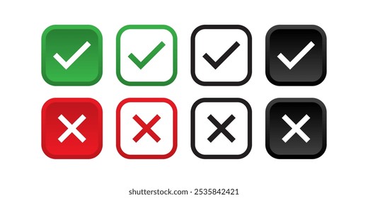 Check mark and cross mark icon button set. Rounded Rectangle Red and green checklist or voting sign. Tick and X icon , Simple ok yes no graphic design , right checkmark symbol accepted and rejected