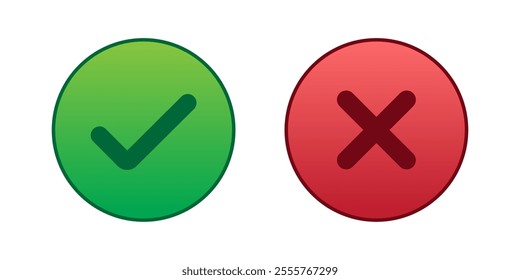 Check mark and cross mark icon button set. Round Circle Red and green checklist or voting sign. Tick and X icon vector. Simple ok yes no graphic design , right checkmark symbol accepted and rejected