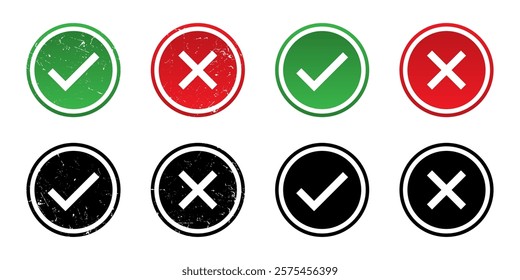 Check mark and cross mark icon button set. Grunge Rounded Circle Red and green checklist or voting sign. Tick and X icon , Simple ok yes no graphic design, right checkmark symbol accepted and rejected