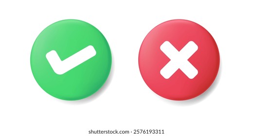 Check mark and cross mark icon button set. Rounded Circle Red and green checklist or voting sign. Tick and X icon , Simple ok yes no graphic design, right checkmark symbol accepted and rejected