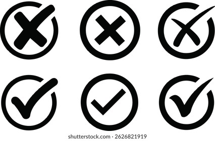 Check mark and cross mark icon button set. Red and green checklist or voting sign. Tick and X icon vector. Checkmark and approval symbol