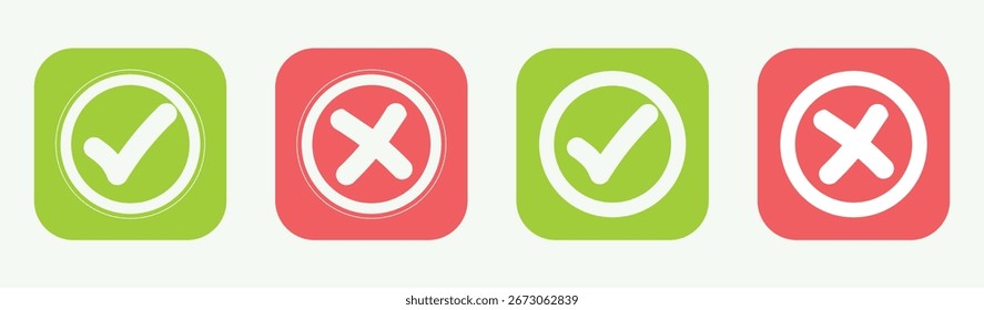 Marca de verificación y conjunto de Botones de icono de marca cruzada. Marca de verificación símbolo derecho tick signo. Iconos de marca de verificación cruzada, conjunto de Botones redondos planos. Ilustración vectorial.