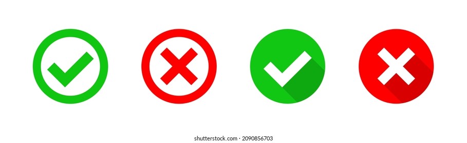 Markieren Sie das Symbol Kreuz. Schilder der der Checkliste. Wählt Elemente, die ankreuzen. Markieren Sie die grünen und roten Symbole. Stock-Vektorgrafik 