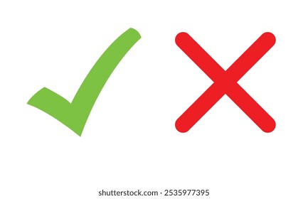 Ícone de marca de seleção e marca de cruzamento. Ícone de marca de seleção e marca cruzada para aplicativos e sites. Ícone de verificação verde e vermelho. Defina a marca de seleção e a cruz. Ilustração vetorial