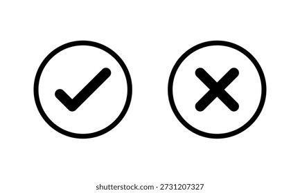 Marca de verificación e icono de cruz en contorno circular. Sí y no símbolo. Signo de Aprobación y rechazo