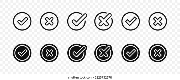 Check mark and cross icon. Collection of check marks and cross in circle on transparent background. Set of icons: Yes,No, Approved,Disapproved, Accepted,Rejected, Right,Wrong, Correct,False, Ok,Not Ok