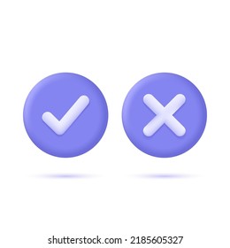 Check mark and cross icon element in circle simple ok yes no graphic design, right checkmark symbol accepted and rejected, 3D rendering. Vector illustration isolated on white background