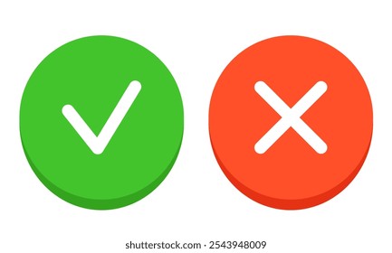 Check mark and cross icon. Green and red flat buttons with a white check mark and a cross. Vector clipart isolated on white background.