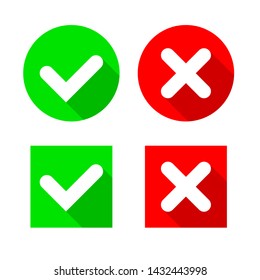 Check Mark and Cross Icon isolated on white background. Green and Red symbol flat style for your web site design and logo, app, UI. Vector illustration