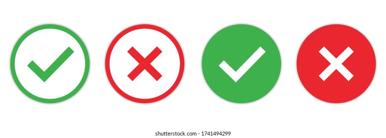 Marque la marca y el icono cruzado aislados en el fondo blanco. botones redondos planos Marque el símbolo de signo. Marcar conjunto de iconos. Marca el símbolo derecho,Pregunta de prueba. ilustración vectorial