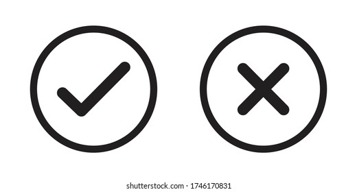 Marque la marca y el icono cruzado aislados en el fondo blanco. botones redondos planos Marque el símbolo de signo. Marcar conjunto de iconos. Marca el símbolo derecho,Pregunta de prueba. ilustración vectorial