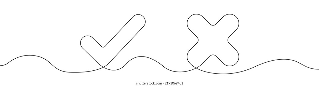 Check mark and cross icon line continuous drawing vector. One line Check mark and cross icon vector background. Check mark and cross icon. Continuous outline of a Check mark and cross icon.