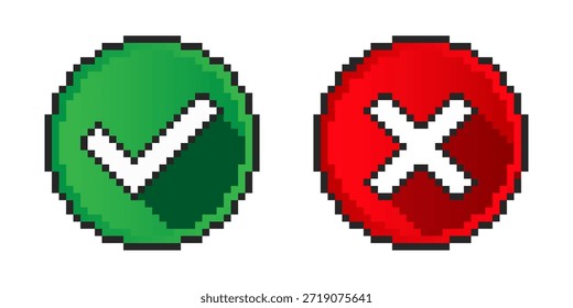 Marca de verificación e icono de cruz en estilo de pixel art. Confirme o apruebe el símbolo pixelado. Aceptar insignia