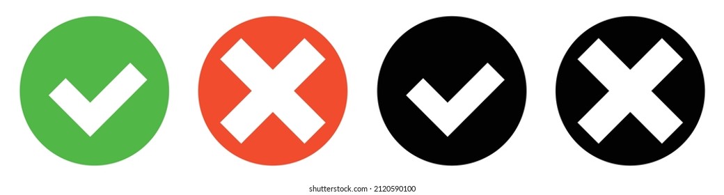 Check mark and cross mark icon set. Right and wrong answers. Editable vectors.