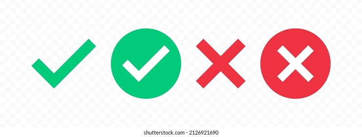 Check mark and cross mark icon set. Green checkmark and red crossmark symbols isolated on transparent background. Vector illustration.