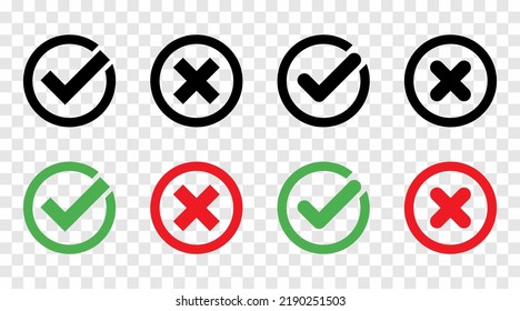 Check mark and cross mark icon set. Green checkmark and red crossmark symbols isolated on transparent background. Circle buttons. Vector illustration.