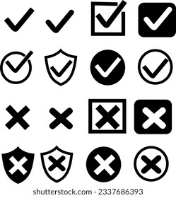 Check mark and cross icon set. Circle and square. Replaceable vector design.