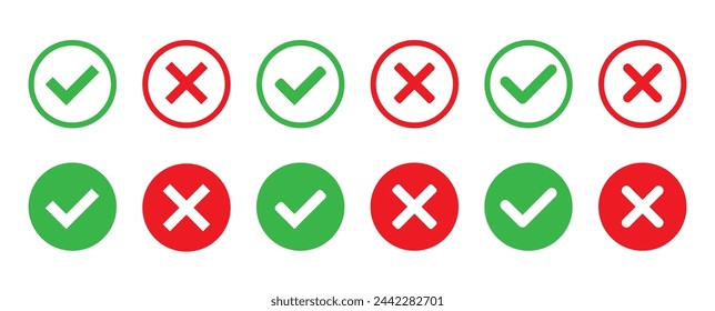 Check mark and cross mark icon set. Vector illustration