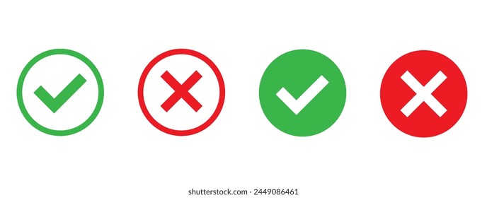 Check mark and cross mark icon set. Vector illustration