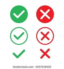 Check mark and cross icon set. Cross, check mark icons, flat round buttons set.