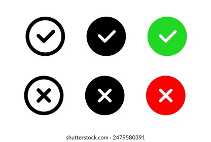 Check mark and cross mark icon set. Green checkmark and red cross vector symbols. Correct and wrong buttons. Vote pictogram. Yes and No illustration. Checkbox icon isolated.