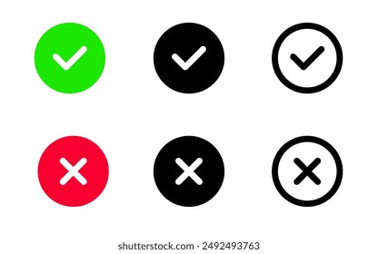 Check mark and cross mark icon set. Green checkmark and red cross vector symbols. Correct and wrong buttons. Vote pictogram. Yes and No illustration. Checkbox icon isolated.