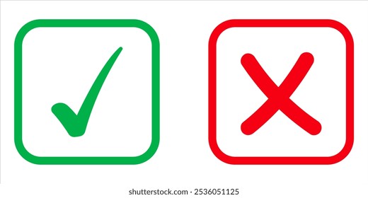 Check mark and cross mark icon set. Green checkmark and red cross vector symbols. Correct and wrong buttons. Vote pictogram. Yes and No illustration. Checkbox icon isolated.