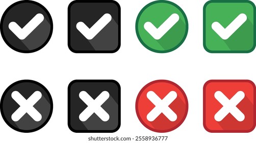 Check mark and cross icon set. Green check mark and red cross vector icons. Right and wrong buttons. Illustration of voting. Yes, there is no explanation. Isolated checkbox icon