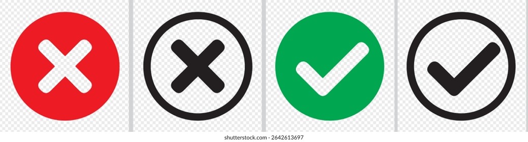 Check mark and cross mark icon set. Validation and refusal icon. PNG type. Vector illustration