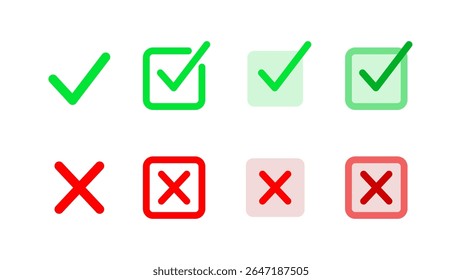 Marque la marca y el conjunto de iconos cruzados. Tick, X, Casilla de verificación, Lista, Símbolos Correctos e Incorrectos. Ilustración vectorial para interfaz de usuario, App, formularios e infografías.