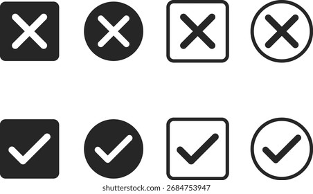 marca de seleção e ícone de marca de cruzamento definidos. Sim, sem sinal. Aprovar e rejeitar símbolos. Tique Verde e Sinal X Vermelho