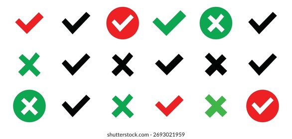 Check mark and cross icon set, color check box and circle cross box sign and symbol, eps vector design, isolated on a white background, 