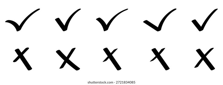 Check mark and cross icon set in black color. Yes or no checkmark icons. Hand drawn doodle sketch style vector illustration.