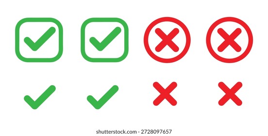 Conjunto de iconos de marca y cruz: Colección de la marca verde de Vector y el símbolo X rojo para la validación de la interfaz de usuario del Web y el App, los iconos de marca de verificación y marca cruzada. Círculos verdes y rojos