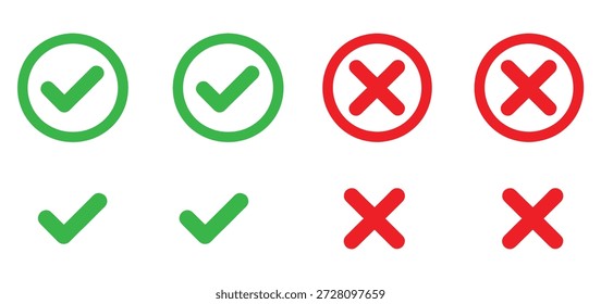 Check Mark and Cross Icon Set - Vector Green Tick and Red X Symbol Collection for Web and App UI Validation,Check mark and cross mark icons. Green and red circles