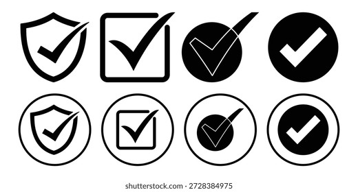 Symbol-Set für Häkchen und Kreuz - Verifizierte, genehmigte und abgelehnte Symbole in Kreis und Quadrat, Grün-Blau und Schwarz, Vektorabzeichen für Web und Social Media