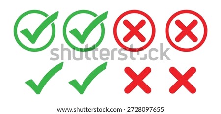 Check Mark and Cross Icon Set - Vector Green Tick and Red X Symbol Collection for Web and App UI Validation,Check mark and cross mark icons. Green and red circles
