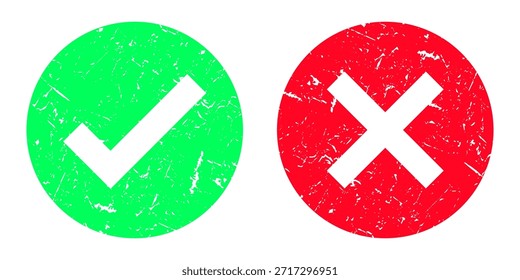 Marca de verificación y conjunto de sellos de icono de marca cruzada. Círculo redondeado Lista de verificación roja y verde para votar signo Grunge. Icono de la garrapata y de X, rojo vintage Grunge y verde Compruebe el Diseño gráfico de la señal