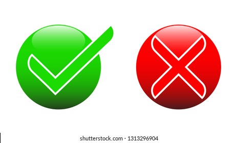 Check mark and cross icon symbol in green and red color, vector eps 10 