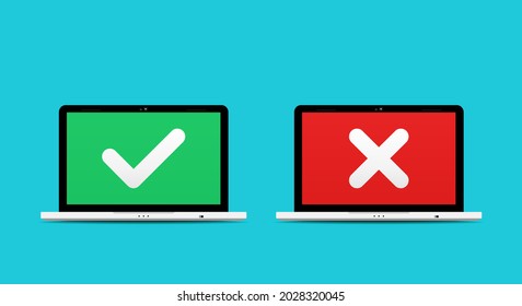 Marque y cruce el símbolo del icono en la pantalla del portátil.  Vector de ilustración