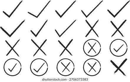 Símbolos de Marca de Seleção e Ícone Cruzado para Aprovação e Rejeição