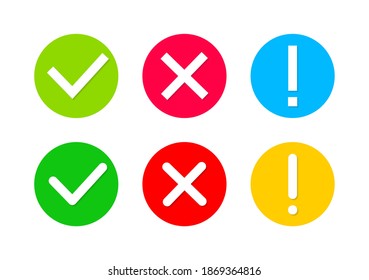 Check mark and cross. Icon of tick, warning and x. Green, red, yellow circles with signs of right, wrong and exclamation. Symbols for approved, test, poll and error marks. Set of graphic icons. Vector