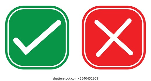 Check mark and cross mark icon. Yes and No or Approved and Declined or Right and Wrong square icons symbol. Green tick and red cross icon isolated on white background. Vector illustration. EPS 10