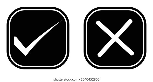 Ícone de marca de seleção e marca de cruzamento. Símbolo de ícones quadrados Sim e Não ou Aprovado e Recusado ou Direito e Errado isolado no fundo branco. Ilustração vetorial.
