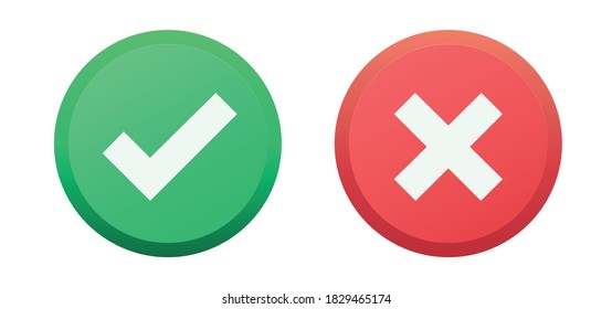 Check mark and cross icons. Acceptance, approval, rejection symbols. Vector flat yes and no signs and buttons