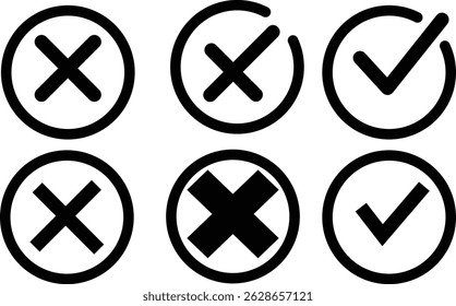 Marca de verificación de iconos cruzados: Símbolos de rechazo de Aprobación, 
Gráficos Tick X: Sí No Confirmación, Aceptar Iconos De Declive: Marcas Positivas Negativas.